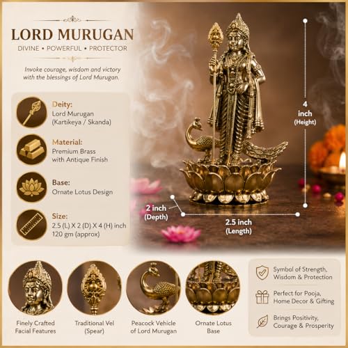Estatua de Lord Murugan Kartikeya de Latón 4 Pulgadas miniatura 2