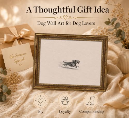 Image of Gold Framed 3D Textured Wall Art, Vintage Sketch Running Dog Canvas Prints, Minimalist Zoomies Flight Dog Pictures Decor, Neutral Funny Animal Gallery Artwork for Living Room Bedroom Nursery 16x12 in