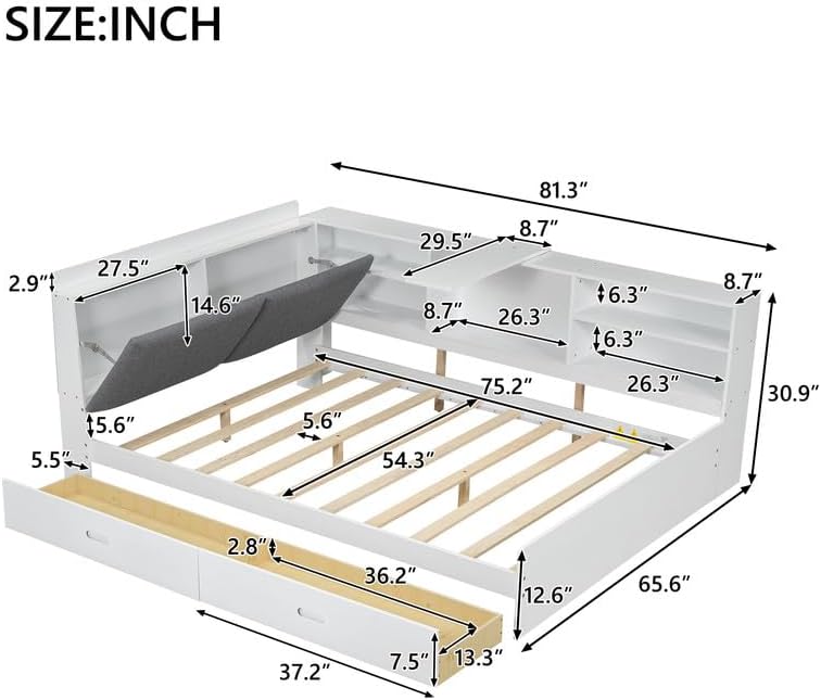 Full Size Bed Frame with Storage,Full Corner Bed with Upholstered Headboard, Solid Wood Platform Daybed with Storage Drawers and L-Shaped Bookcase,Strong Slats Support, No Box Spring Needed, White