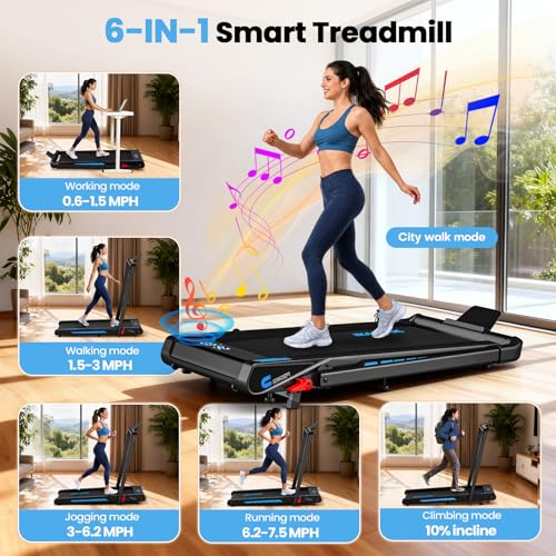 Image of Treadmill with Speaker, 6-in-1 7.5MPH Foldable Treadmill for Home with App Compatible, Walking Pad with 10% Incline, LED Display, 3.0HP Brushless Drive, 350 LB Weight Capacity, 12 HIIT Programs