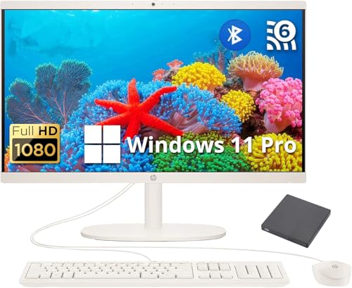 Image of HP 21.45 inch FHD All-in-One PC, Intel N200 Processor, 8GB DDR5 RAM, 512GB PCIe SSD, WiFi, HDMI, Wired Keyboard & Mouse + External 6-in-1 DVD Drive, Windows 11 Pro, White