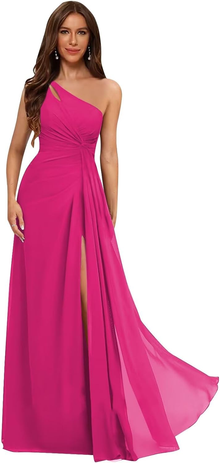 homdor One Shoulder Pleated Bridesmaid Dresses Long with Slit Chiffon A Line Formal Evening Dress for Women