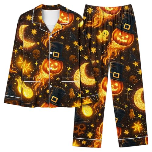 VXRDJU Women's Halloween Pajamas Lounge Sets Fall Cute Satin Ghost Pumpkin Print Long Sleeve Button Top and Pants Sleepwear 2026 funny halloween shirts for women Multicolor S