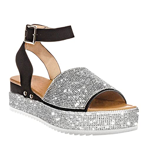 Sandals Women Summer,Women Ligtweight Crystal Platform Sandals Ladies Rhinestone Buckle Strap Dressy Beach Walking Sandals Shoe (Black, 7) #TOP3