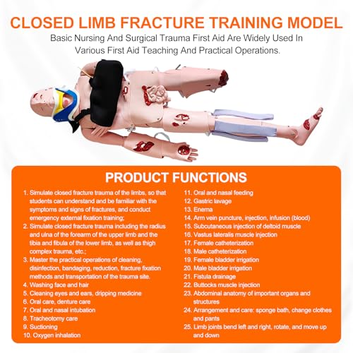 Image of Trauma Patient Care Training Manikin - Closed Limb Fracture Model, Adjustable Cervical Collar, Spinal Injury Nursing - Multifunctional Human Simulator for Student /EMT Education