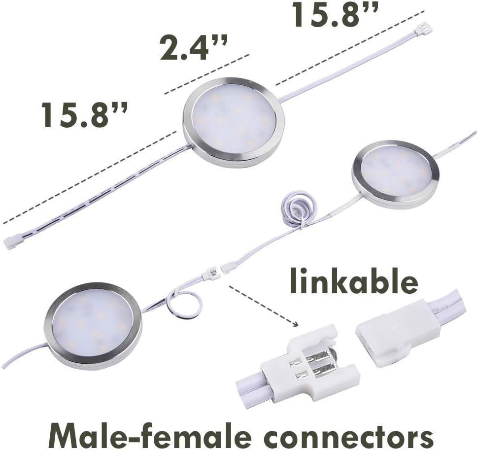 Under Cabinet Lighting Kit, Dimmable Wireless RF Remote Control, Linkable Wired LED Puck Lights, AC120V to DC12V, Hardwired or Wall Plug, 14 Lights & 6 Lights, Warm White