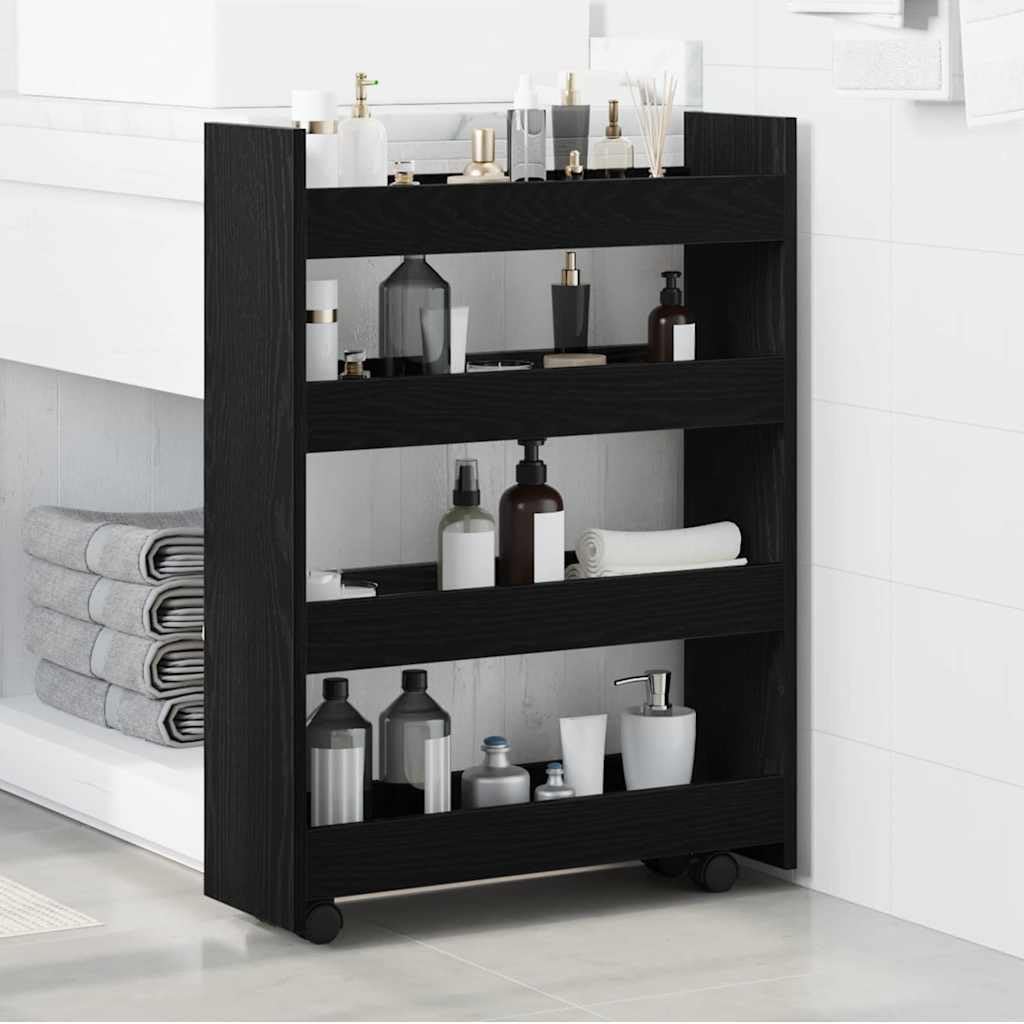 Schmaler Aufbewahrungswagen Holzwerkstoff Schwarz Eichen-Optik 60x20x82 cm mit Rollen und Bremsen, mobiler Rollwagen für Küche, Nischen, Arbeitsplatte, Organizer und Stauraum