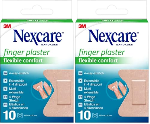 Image of Nexcare Ultra Strech Flexible Comfort Finger Plasters, 44,5 mm x 51 mm, 10 per Pack - Breathable and Waterproof for Minor Wounds, Scratches, Plasters for First Aid Kits (Pack of 2)