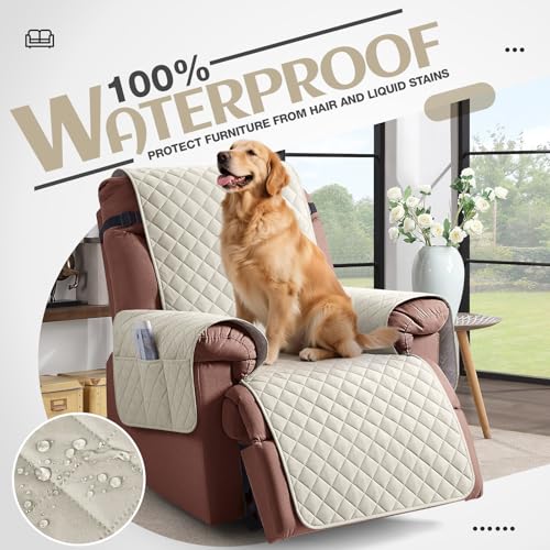 Image of KinCam 100% Waterproof Recliner Chair Cover, Reclining Couch Covers for Pets, Dogs, Recliner Couch Slipcover Furniture Protector with Elastic Straps for Kids(23.6 inch, Ivory)