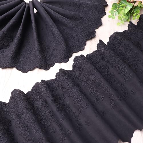 Black Cotton Lace Trim Wide 8.6inch Lace Fabric Trim Floral Embellishments Scalloped for Sewing Dresses Baby Clothing Home Decoration