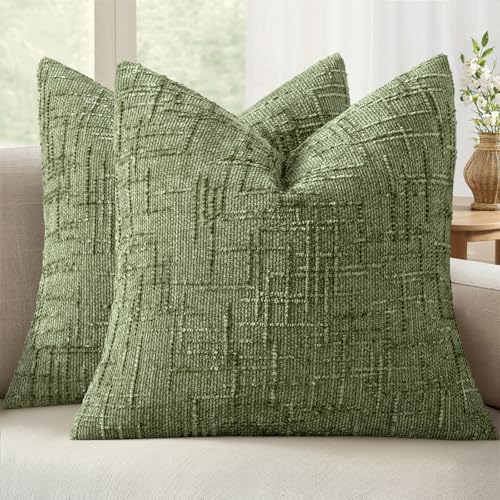 MIULEE Textured Throw Pillow Covers Thick Chenille Decorative Pillows Sage Green 18x18 Inch Set of 2 Modern Boho Farmhouse Spring Home Decor Neutral Cushion Covers for Couch Sofa Living Room Bedroom