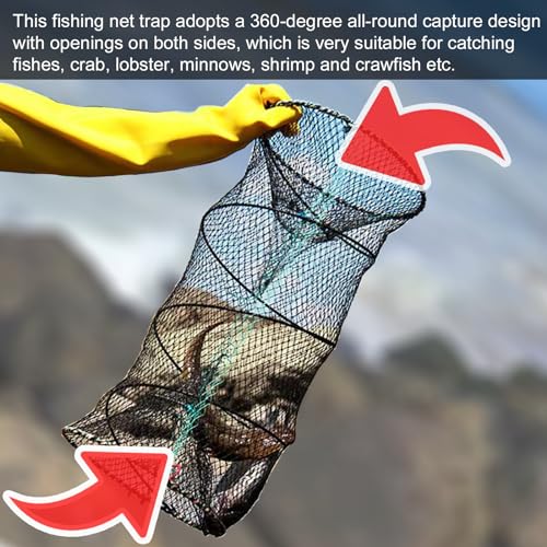 WEISGJA Folded Minnow Trap Crab Trap 23.6in x 11.8in Thicken Fishing Bait Trap with Hand Rope Crawfish Lobster Fishing Net Trap Fishing Accessories, 1 Pack (Black) - Thumbnail 2