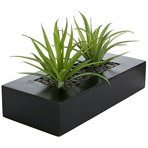 MyGift 10 Inch Artificial Green Grass Plants in Black Wood Decorative Planter Pot - Faux Greenery in Rectangular Wooden Container for Tabletop Centerpiece Décor Cover