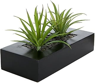 MyGift Artificial Green Grass Plants in Decorative Black Wood Rectangular Planter Pot