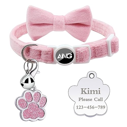 Personalized Breakaway Cat Collars with ID Tag Bell Bowtie,Safety Quick Release Customized Kitty Collars for Girls Boys Cats-Velvet Pattern-Pink