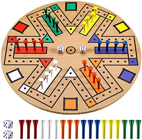 Wooden 3-6 Players Board Game Set with 24 Pieces and 2 Dice, Fast Track Game Night for Adult Teens Family Game, 6 Colors (14.2 Inch)