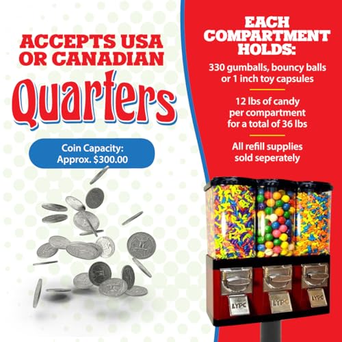 Red Triple Compartment Commercial Vending Machine for 1 inch Gumballs, 1 inch Toy Capsules, Bouncy Balls, Candy, Nuts with Stand by American Gumball Company
