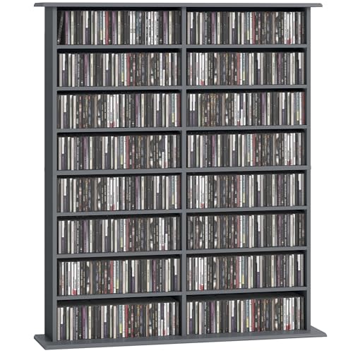 HOMCOM 720 CD/396 DVD Storage Unit 396 Blu-ray Media Storage Shelf with 16 Compartments and 12 Adjustable Shelves CD Tower for Living Room Bedroom Office Grey