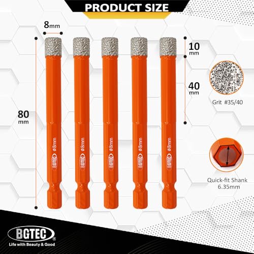 BGTEC Dry Diamond Drill Bits 5pcs 8mm with Quick Change Hex Shank for Granite Marble Porcelain Tile Ceramic 2 BGTEC Dry Diamond Drill Bits 5pcs 8mm with Quick Change Hex Shank for Granite Marble Porcelain Tile Ceramic - Image 2