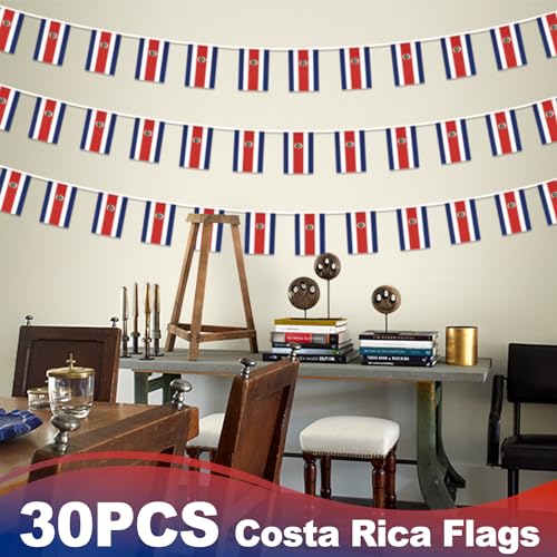 Image of Costa Rica String Flag Pennant Banner, Small Mini the Republic of Costa Rica Flags Bunting Banner, National Country Decoration for School, Party, Sports Events, Patriotic Festival, 33 Feet 30 Flags
