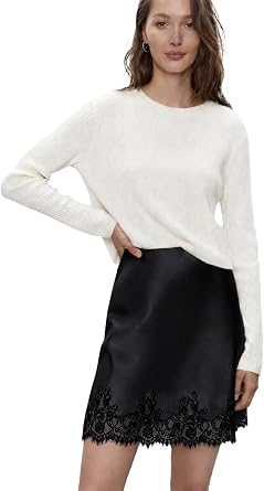 DAISYSILK Silk Mini Skirt Women 22 Momme Mulberry Silk Slip Skirt High Waist Bias Cut Lace Trim Skirt