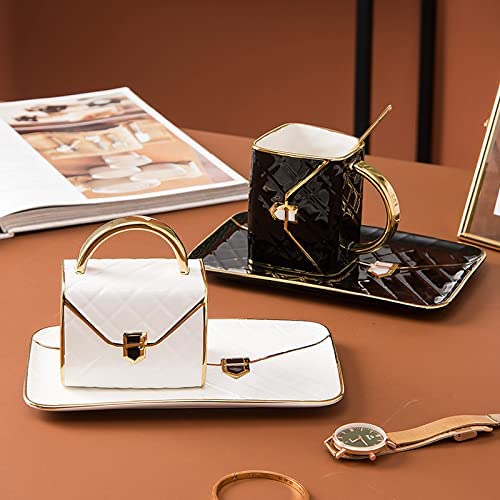 berjaya Bag-shaped Mug Ceramic Coffee Cup and Saucer 1 Set Afternoon Tea Dessert Ceramic Plate Cup Luxuly Creative Gift (white)