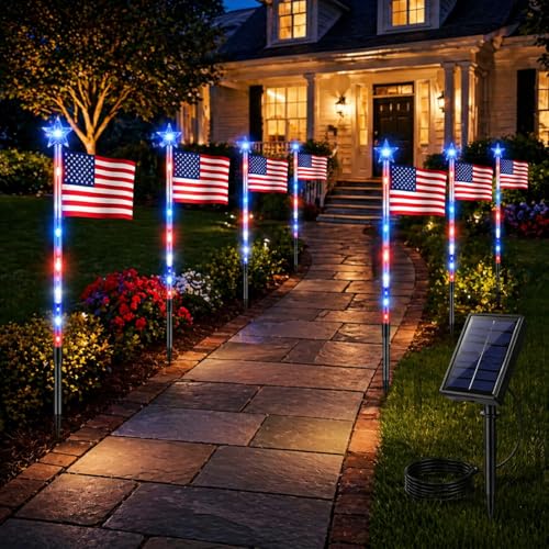 8 Pack Solar American Flag Pathway Lights Patriotic Red White Blue Outdoor Stake Lights Waterproof Solar LED Yard Garden Decorations for 4th of July Independence Day