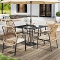 SUNCOZE Outdoor Patio Dining Set, 5 Pieces Rattan Patio Table and Chairs Set with Cushion and Umbrella Hole, Wicker Outdoor Patio Furniture Sets of 4 for Backyard and Porch, Beige