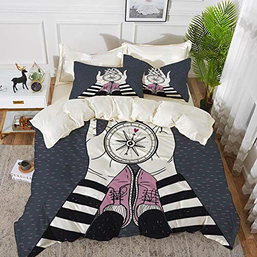 Bettwäsche-Set, Mikrofaser,Kompass, auf der Suche nach Liebe Mädchen hält ein Navigationsgerät Hand gezeichnete Bild drucken, blau grau weiß,1