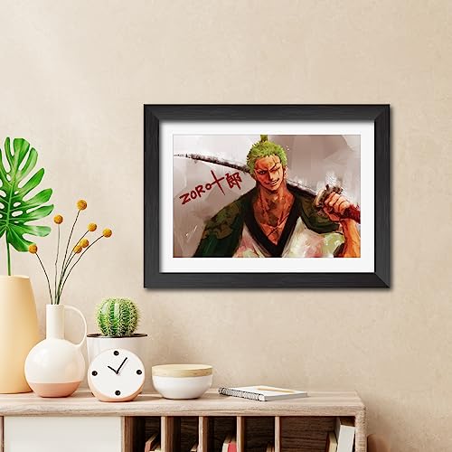Image of TenorArts Roronoa Zoro Poster One Piece Anime Posters Laminated Photo Frame Painting with Matt Finish Black Textures (12inches x 9inches)