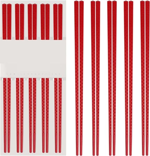 HJ001c-5ps-Red: 5 Pairs of Reusable Fiberglass Premium Japanese Chopsticks, Dishwasher Safe, Non-Slip, Lightweight, 9.6 in / 24.3 cm