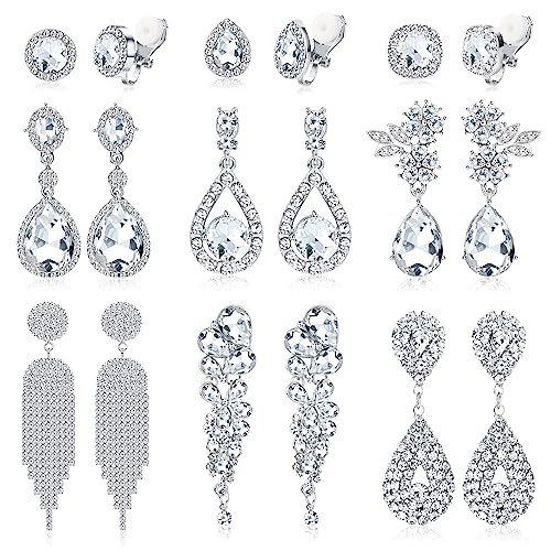 9 Pairs Clip On Earrings For Women Wedding Bridal Chandelier Earrings Teardrop Long Drop Dangle Clip-On Earrings Set Rhinestone Earrings For Brides Bridesmaids Non Pierced Jewelry