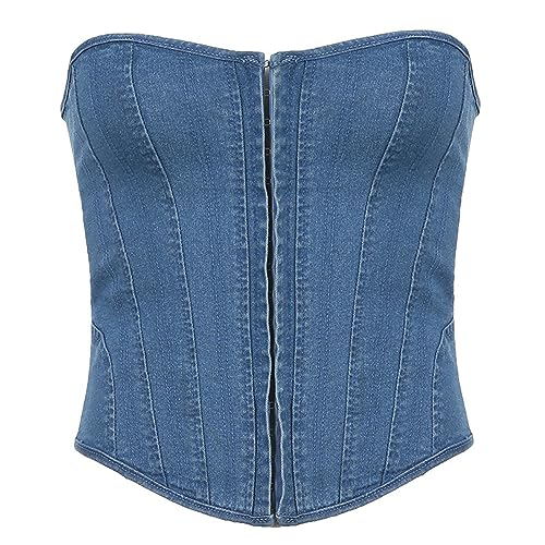 XMAIYIF Corsetto Donna Corsetto Femminile Top in Jeans Allacciata in Vita Shapewear-Blu-S