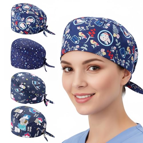 Ziyonix 4 Pièces Calot Chirurgien Femme, Bonnet Gommage Bouffant Colorée Turban Imprimé Couvre-Cheveux Réglable Casquette avec Boutons et Coton Bandeau de...
