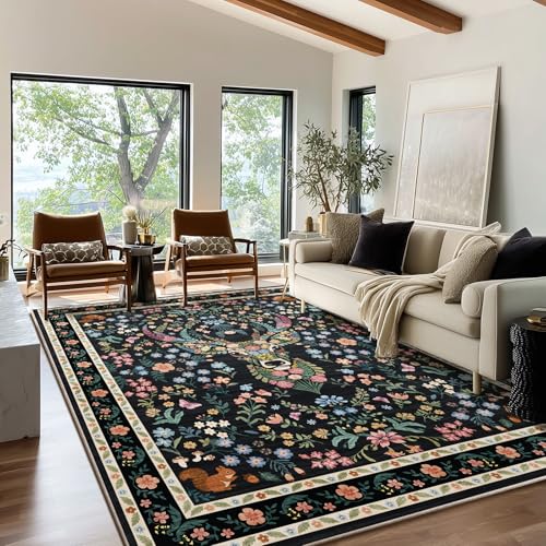 Image of Area Rug Vintage Floral Deer Pattern 8x10 - Bohemian Forest Animal Carpet with Squirrel & Butterfly, Soft Decorative Area Rug for Living Room Bedroom Home Decor