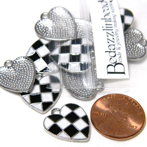 12 Black & White Checkered Racing Flag Heart Shaped Silver & Enamel Race Finish Silver Metal Charms3
