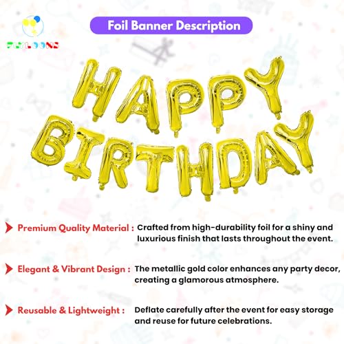 Image of Flyloons 4th Golden Colour Happy Birthday Foil Balloon Banner Set For 4 Year Old Boys Girls Baby | With Number Four | 13 Letters Reusable Happy Birthday Metallic Foil Balloons Decoration Kit, 14 Pcs
