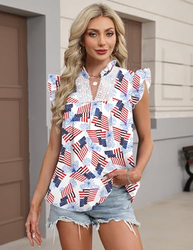AKEWEI Womens Summer Ruffle Sleeve Lace Embroidered V Neck Work Blouses Pleated Tank Top - image 2