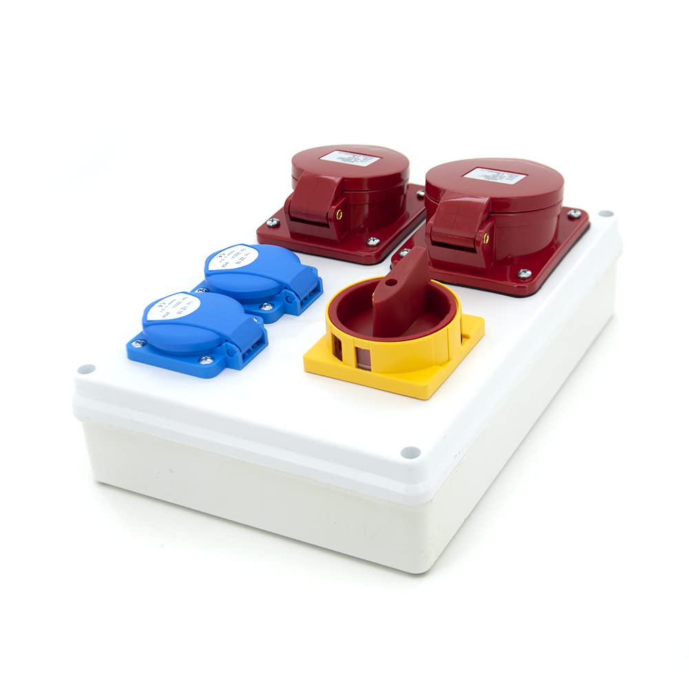 ELS Elektrotechnika Distribuidor de corriente para construcción, 2 enchufes Schuko, 2 x 230 V + 1 x CEE 32 A y 1 x CEE 16 A con interruptor amarillo-rojo, cableado, para interior y exterior