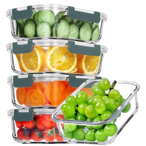 VERONES 5 Pack 36 OZ Glass Meal Prep Containers, Airtight Glass Lunch Containers Set, Glass Food Storage Containers with Lids,Exclusive of BPA, for Microwave, Oven, Freezer & Dishwasher Friendly,Grey