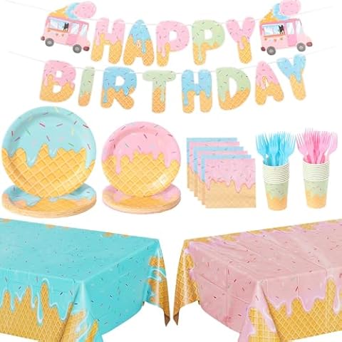 Ice Cream Party Supplies Kit Serve 20, Paper Dinner Plates, Dessert Plates, Napkins, Cups, Forks, Tablecloth & Banner for kids Ice Cream Birthday Party Baby Shower Decorations Cover