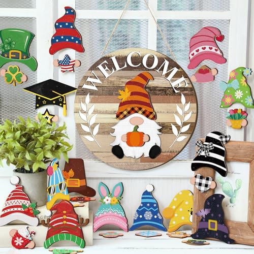 Qunclay Interchangeable Wooden Gnome Decor Holiday Seasonal Gnome Decorations with Magnet Pieces and Detachable Hats Changeable Welcome Sign for Home (Farmouse)