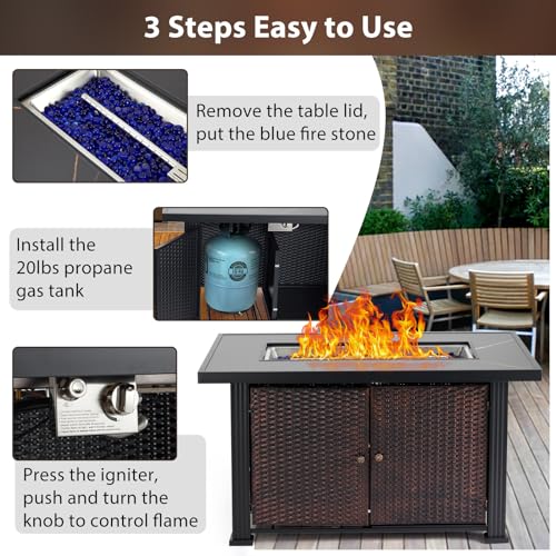 Propane Fire Pit Table 44 inch Gas Fire Pit Table 50000 BTU, 2 in 1 Gas Firepit with Slate Tabletop, Steel Base, Glass Fire Stones, Waterproof Cover & Separate Storage Space, CSA Certification