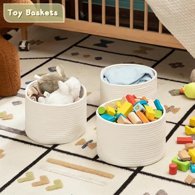 OIAHOMY Small Storage Baskets for Organizing,Closet Cube Shelf Storage, 9.8¡±¡Á9.8¡±¡Á7.1¡±, Woven Cotton Rope Gift Baskets for Nursery,Cute Dog Toy bins, Round 3 Packs, White