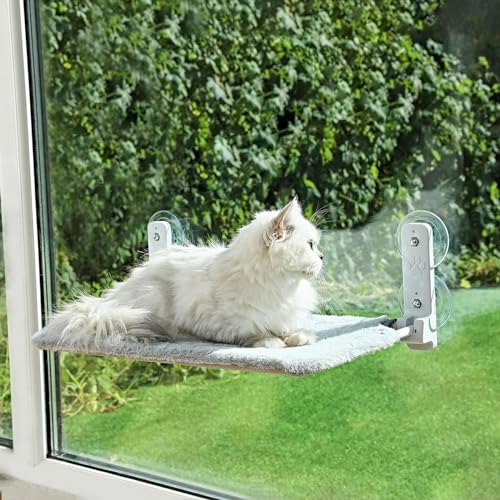 SKY-TOUCH Cat Hammock Bed & Window Perch: Foldable Cordless Pet Lounger with 4 Strong Suction Cups Solid Metal Frame Soft Plush Pad for Sunbathing Napping Overlooking (White 52 * 32 * 20cm)