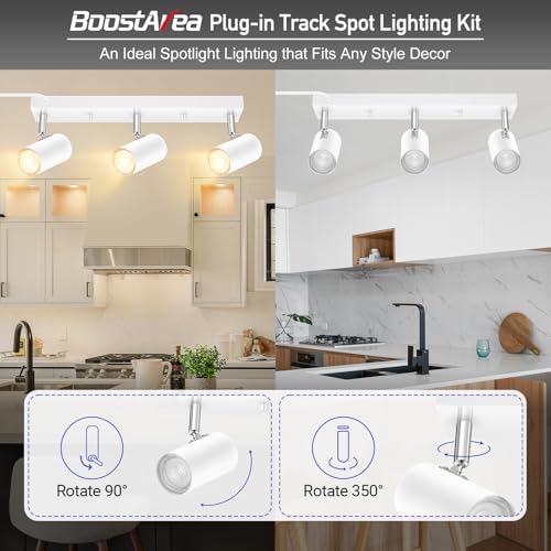 Plug in Track Lighting, 3 Light Ceiling Lighting Kit, White 3 Way Modern Wall Spotlight, 15 FT Cord,Flexibly Rotatable Complete Light Kits for Kitchen Cabinet Gallery Bar Living Room(No Bulb)