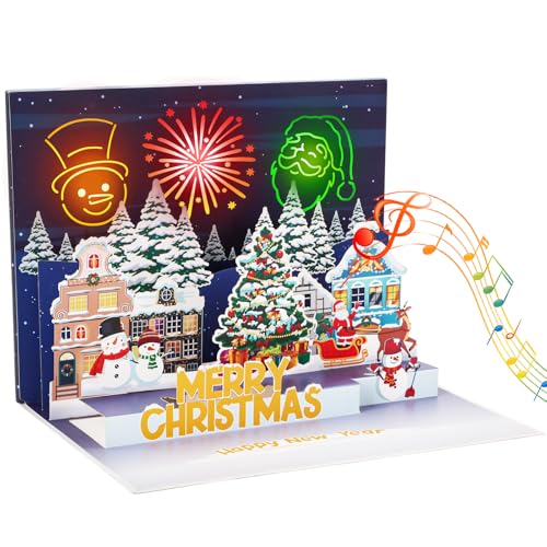 Lemicin Musical Christmas Cards Light - 3D Pop Up Merry Christmas Greeting Card with Jingle Bells Music with Envelope and Notecard for Xmas Gift for Women Men Kids Mom Dad