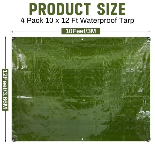 Image of 4 Pack 10 x 12 ft 5.5 Mil Tarps Heavy Duty Waterproof Tarp Multi Purpose Tent Cover for Home Boats Cars Camping Patio Furniture Roof Emergency Rain Protective Cover, Army Green
