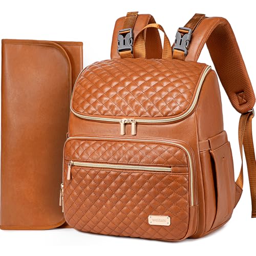 Image of Weitars Diaper Bag Backpack Leather Baby Diaper Bag with Changing Pad Travel Diaper Backpack,Baby Bag for Mom,Stroller Straps,5 Insulated Pockets (Brown Leather)