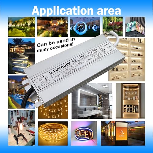 Image of Led Driver 24V Led Transformer 100W IP67 Waterproof Power Supply Ultra Thin 0.78in 100-277V AC to 24Vdc Low Voltage Transformers with 3-Prong Plug 3.3 Feet Cable Indoor Outdoor LED Light